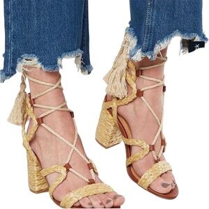 MIA Gigi Raffia Sandals Block Heel Ankle Wrap